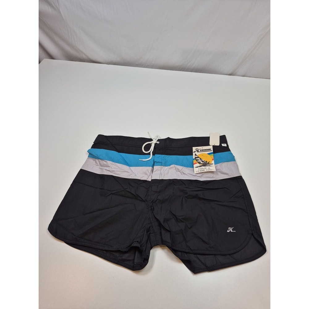 Vintage Hobie Shorts Mens 44 Black Stripe Swim Trunks Lined Mesh USA 80s